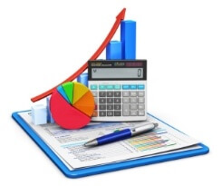 A calculator, pie chart, pen, and rising bar graph are placed on a clipboard with documents, symbolizing financial analysis and business growth.