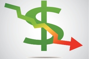 A green dollar sign with a jagged, downward-pointing red arrow cutting through it, symbolizing a decrease or decline in financial value or currency.